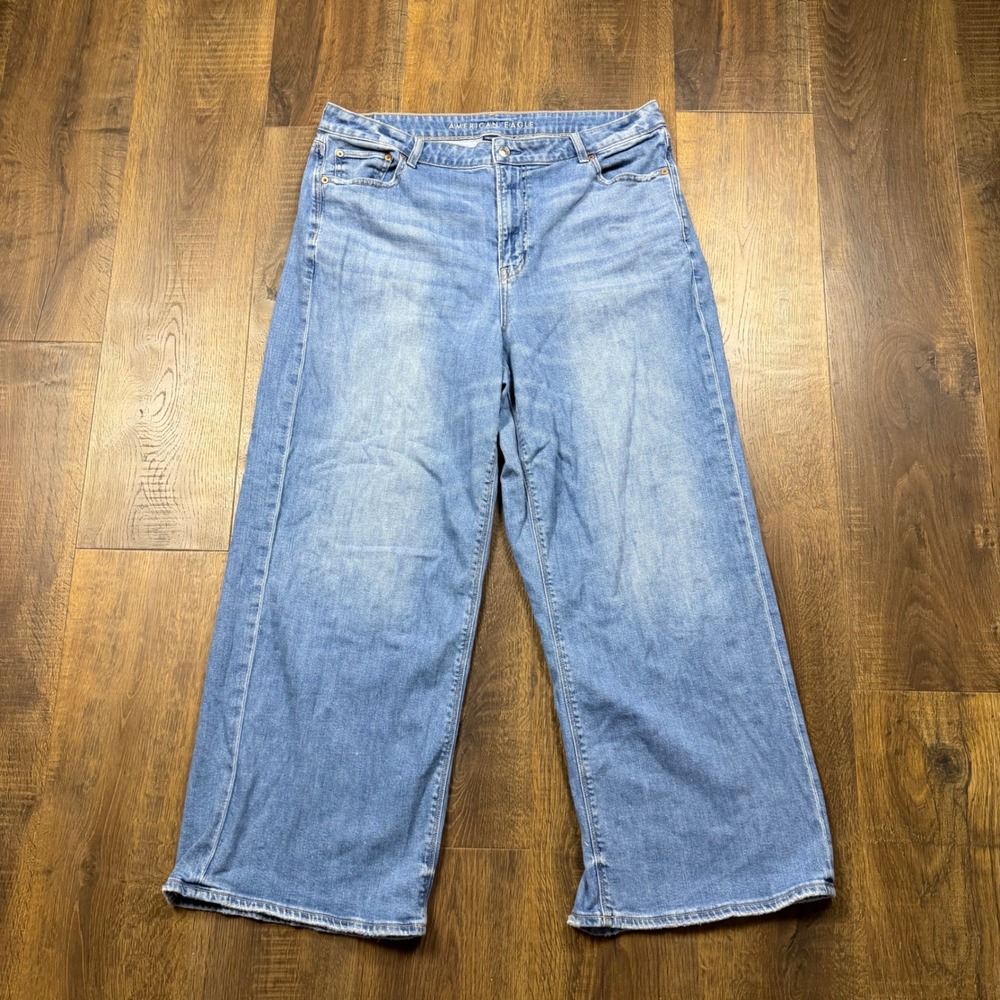 American Eagle Baggy Wide Leg Jeans Womens 16 Light Wash Stretch High Rise Denim